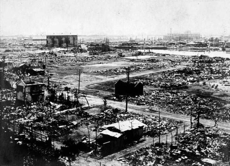 Photograph of completely burned-out streets in Tokyo after the 1923 Kanto earthquake firestorm