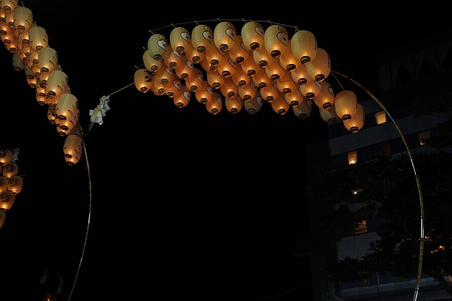 Many kanto poles raised together in night formation Akita 2023