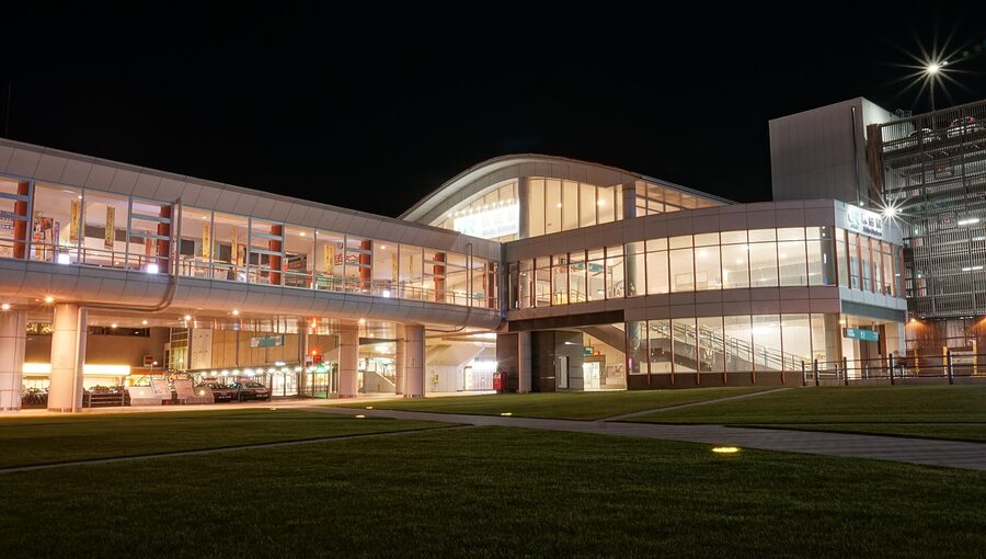 Akita Station west exit plaza at night