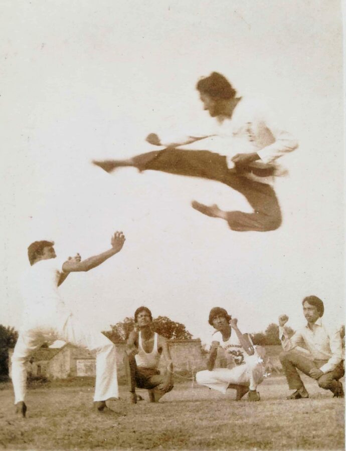 Tobi yoko geri, the karate jumping side kick, captured mid-air