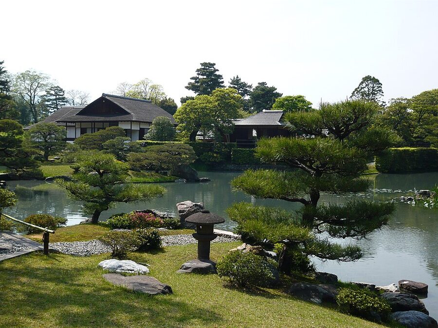 Pond and shoin buildings at Katsura Imperial Villa in Kyoto in spring
