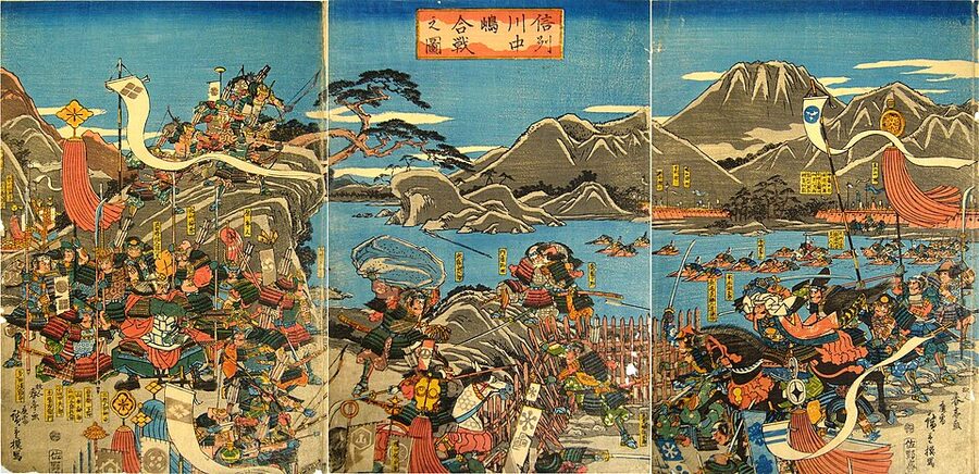 1845 Utagawa Hiroshige woodblock of the Battle of Kawanakajima with Shingen at left and Kenshin at right