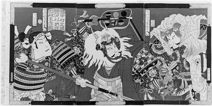 1876 Meiji ukiyo-e by Chikashige showing Uesugi Kenshin on horseback surprise attacking Takeda camp at Kawanakajima