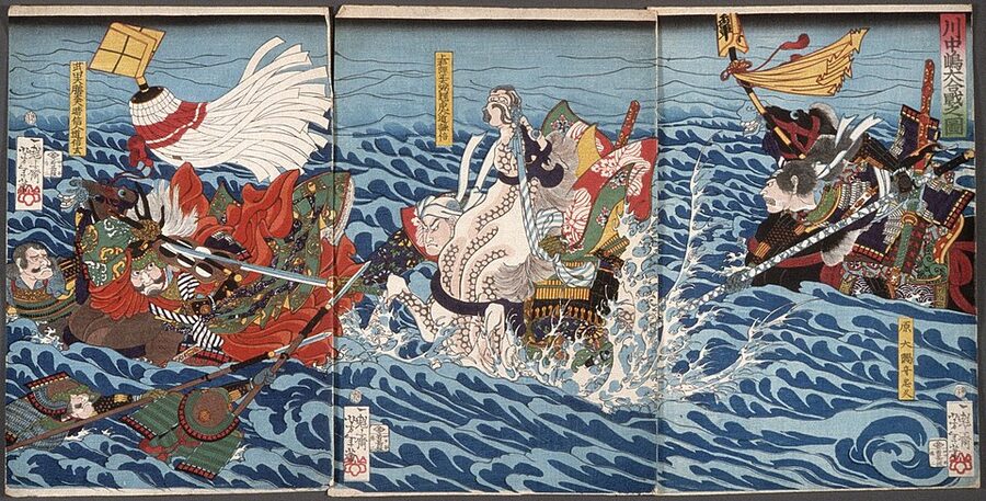 Tsukioka Yoshitoshi ukiyo-e triptych of the Great Battle at Kawanakajima from LACMA collection