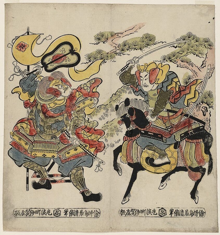 Torii Kiyomasu eighteenth-century print of the legendary single combat between Kenshin and Shingen at Kawanakajima