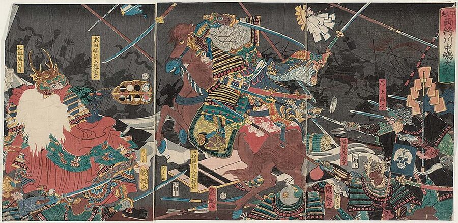 1859 Utagawa Kuniteru II triptych showing Takeda Shingen and Uesugi Kenshin armies engaged across the Kawanakajima plain