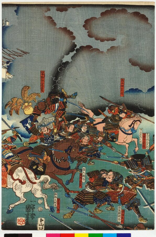 Kuniyoshi ukiyo-e showing the chaotic combat between Takeda and Uesugi armies at 4th Kawanakajima October 1561