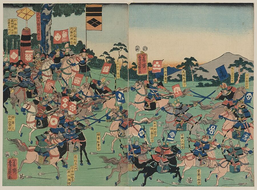 Utagawa Yoshikazu ukiyo-e triptych of the Battle of Kawanakajima