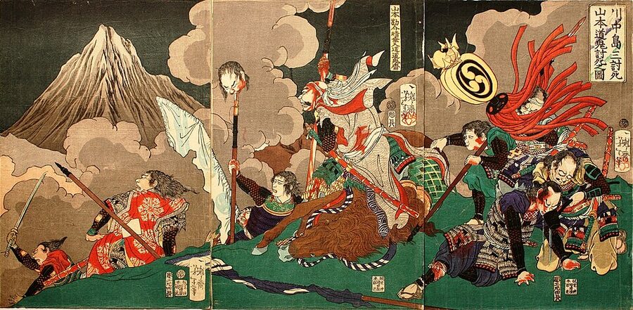 Yoshitoshi 1867 ukiyo-e depicting the moment of Yamamoto Kansukes death on the Kawanakajima battlefield