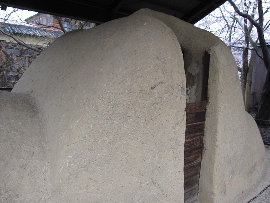 Display of historical kawara roof tile specimens at the Kawara Museum in Omihachiman Shiga prefecture