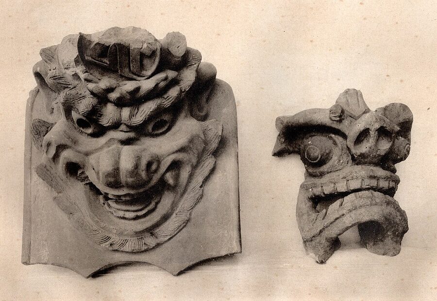 Onigawara demon-face ridge-end tile in situ at Yahashira Shrine Toyohashi Aichi