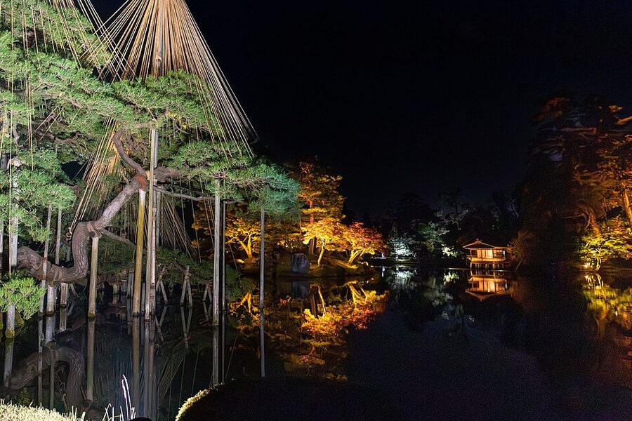 Kenrokuen garden illuminated at night with yukitsuri snow-prevention ropes supporting pine branches