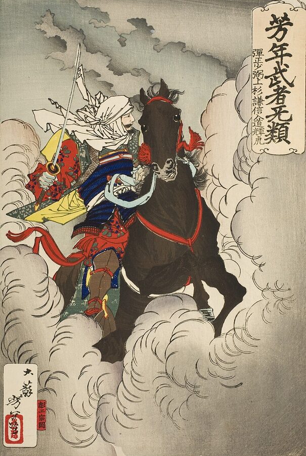 Tsukioka Yoshitoshi ukiyo-e of Uesugi Kenshin as Nyūdō Terutora riding into battle on horseback
