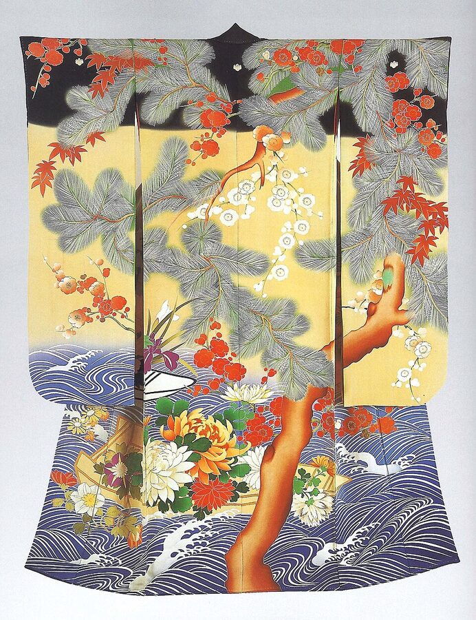 Taisho era furisode kimono with yuzen dyed motif of boat on water with pine trees plum blossoms and maples from Khalili Collection