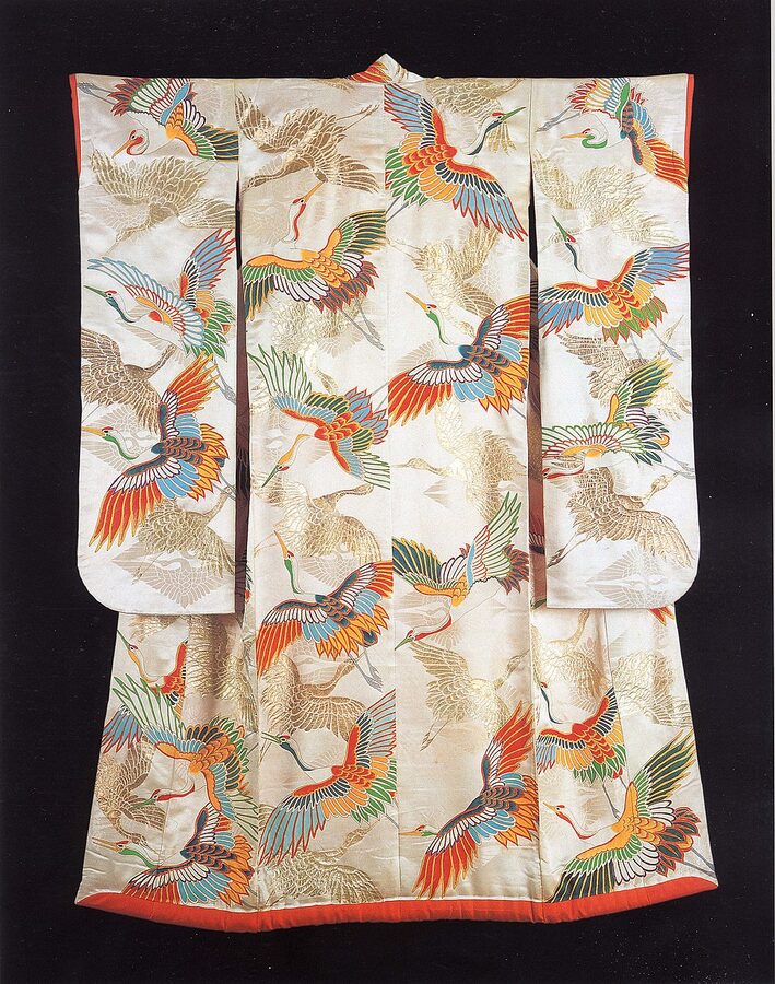 White satin silk uchikake wedding kimono with gold applied cranes from the Khalili Collection of Japanese Kimono