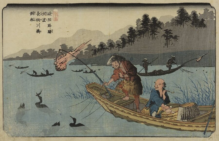 Keisai Eisen 1835-1838 ukiyo-e woodblock print from the 69 Stations of the Kiso Road showing cormorant fishing boats with burning torches on the Nagae River at Kodo station