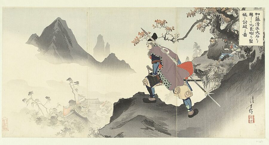 Rijksmuseum ukiyo-e print depicting Kato Kiyomasa rolling a boulder down onto a Jurchen Orankai palace during the 1592 Manchuria expedition
