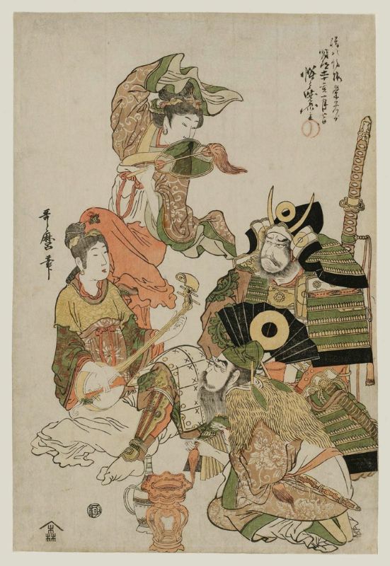 Utamaro circa 1803 woodblock portrait of Kato Kiyomasa in formal court dress holding a ceremonial baton