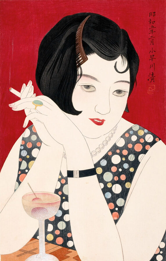 Reproduction of the painting Tipsy by Kobayakawa Kiyoshi depicting a moga modern girl