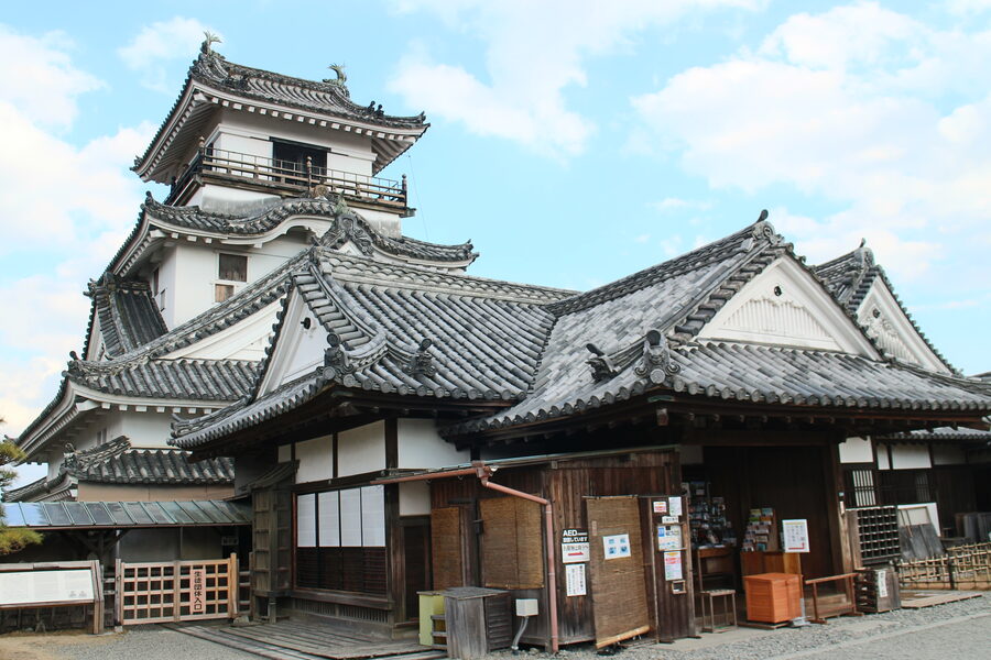 Panoramic view of the Kochi Castle tenshu rising above the honmaru enclosure with chidori-hafu gables and top-floor balcony