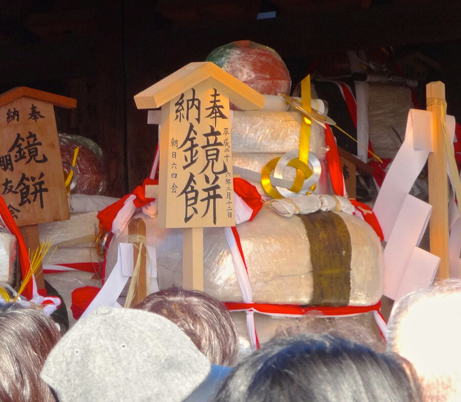 Large kagami-mochi rice cake offerings at Konomiya Hadaka Matsuri