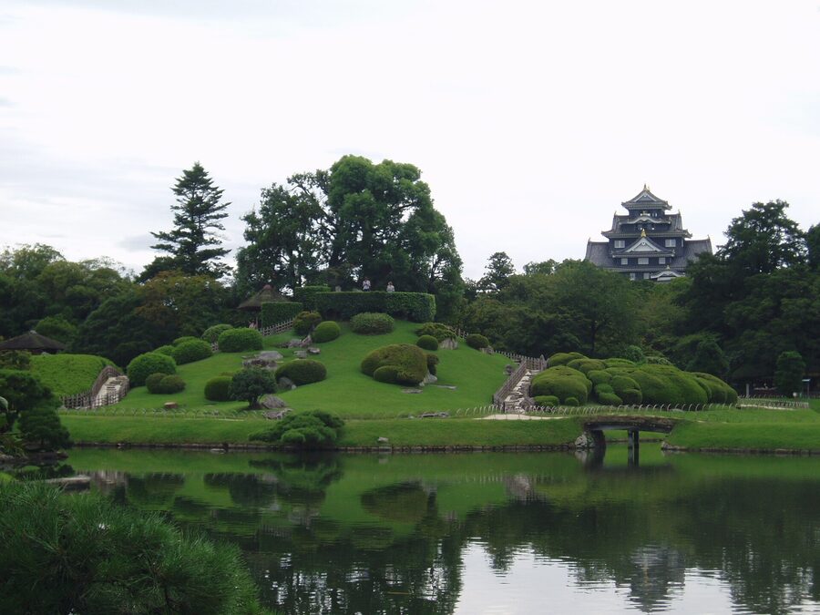 Okayama Castle as borrowed scenery from Korakuen across the Asahi River