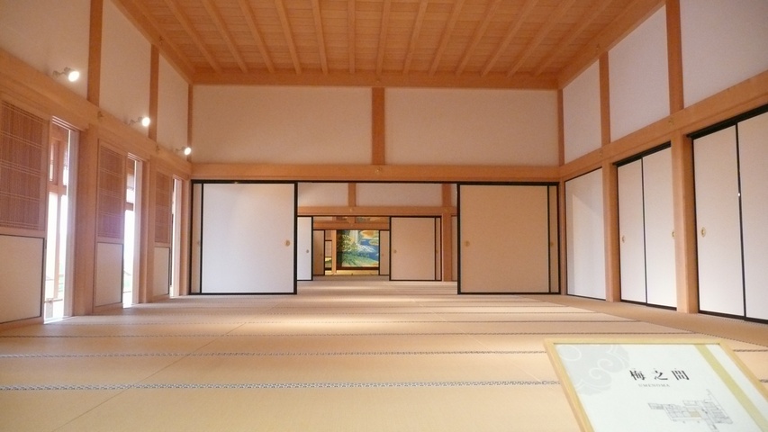 Ume-no-ma room with plum tree wall panels in the reconstructed Honmaru Goten at Kumamoto Castle