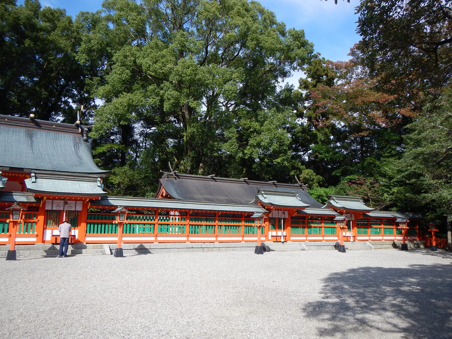 Bright vermilion main hall of Kumano Hayatama Taisha at Shingu