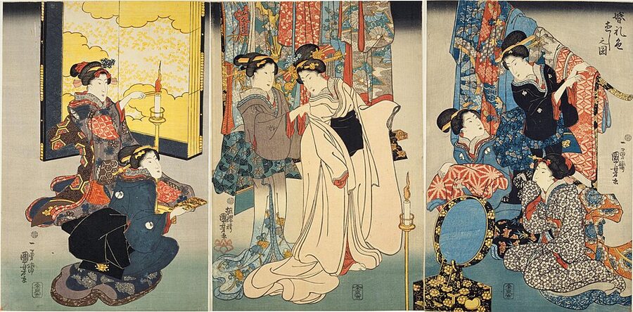 Utagawa Kuniyoshi woodblock print showing traditional Edo period Japanese wedding kimono dressing ceremony from NDL collection