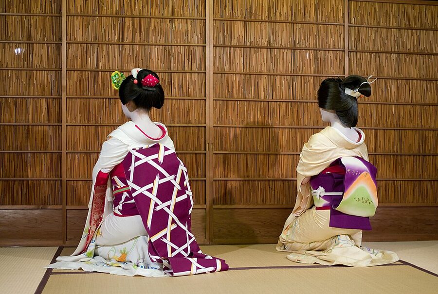 Maiko and geiko from behind darari-obi contrast