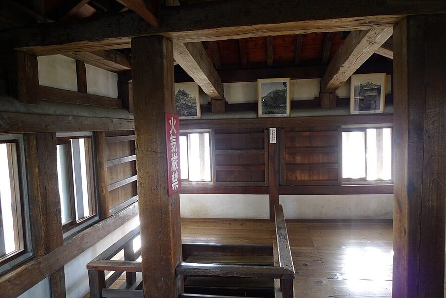 Wooden interior and small windows inside the Marugame Castle keep