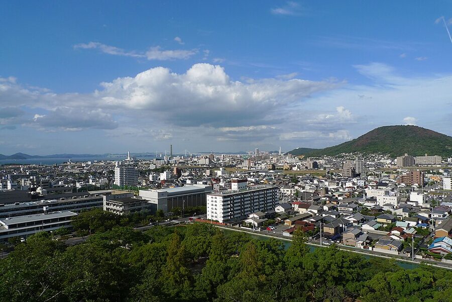 View of the Marugame city rooftops from the top floor of the tenshu