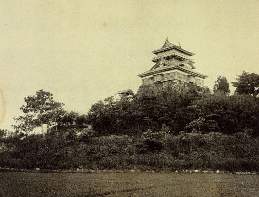Historical 1910 photograph of Maruoka Castle keep tower in the Meiji period before the 1948 earthquake