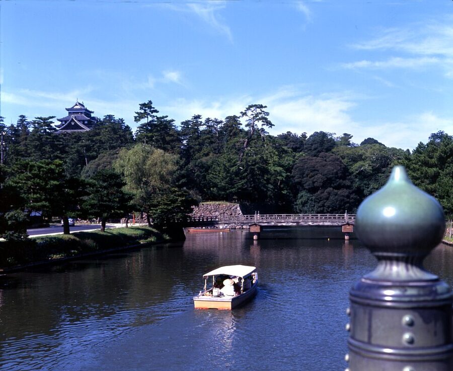 Small pleasure boat on the Horikawa moat around Matsue Castle