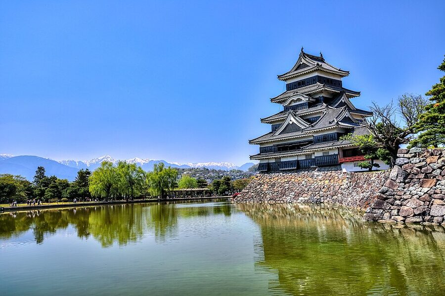 Matsumoto Castle daitenshu with pink somei-yoshino cherry blossom in full bloom along the inner moat in April with the keep reflected in still water