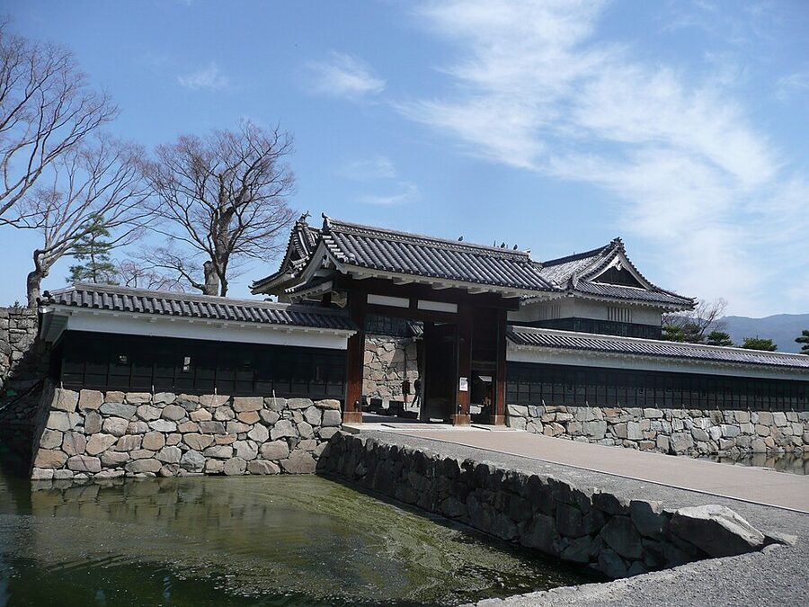 Matsumoto Castle Kuromon or Black Gate which is the main ceremonial entrance into the honmaru central compound reconstructed from original plans in 1960 and 1990