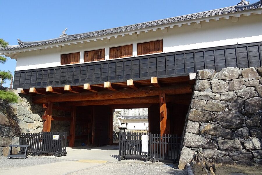 The Taiko-mon drum gate of Matsumoto Castle which forms the inner approach into the ninomaru second enclosure reconstructed from Edo-period plans in 1999