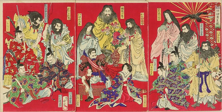 Meiji tenno depicted among kami and emperors
