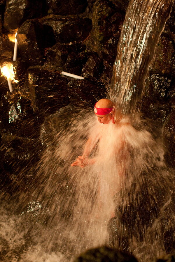 Misogi Harai cold-water waterfall purification at Tsubaki Jinja, Mie
