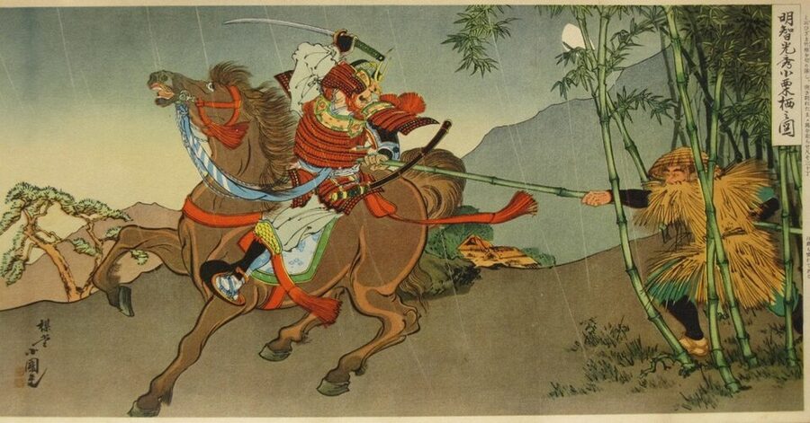 1894 Utagawa Kunimasa V ukiyo-e triptych showing the peasant Nakamura Chobei ambushing and killing Akechi Mitsuhide at Ogurusu bamboo grove after Yamazaki