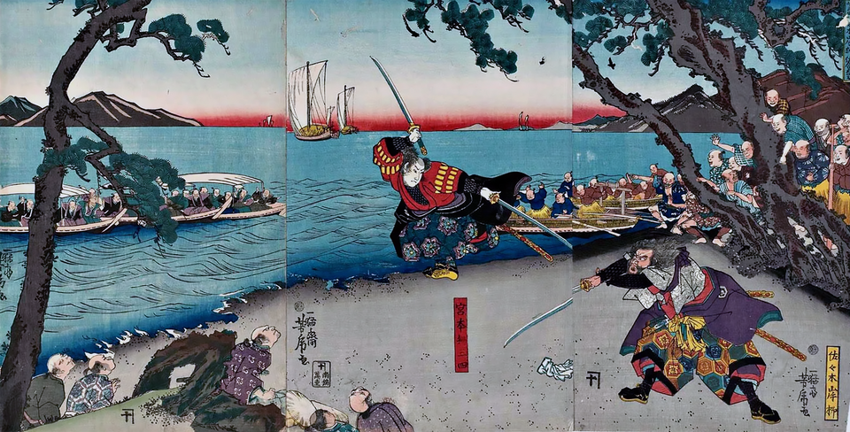 Mid-19th century ukiyo-e by Yoshifusa Utagawa depicting the 1612 duel at Ganryujima between Miyamoto Musashi and Sasaki Kojiro