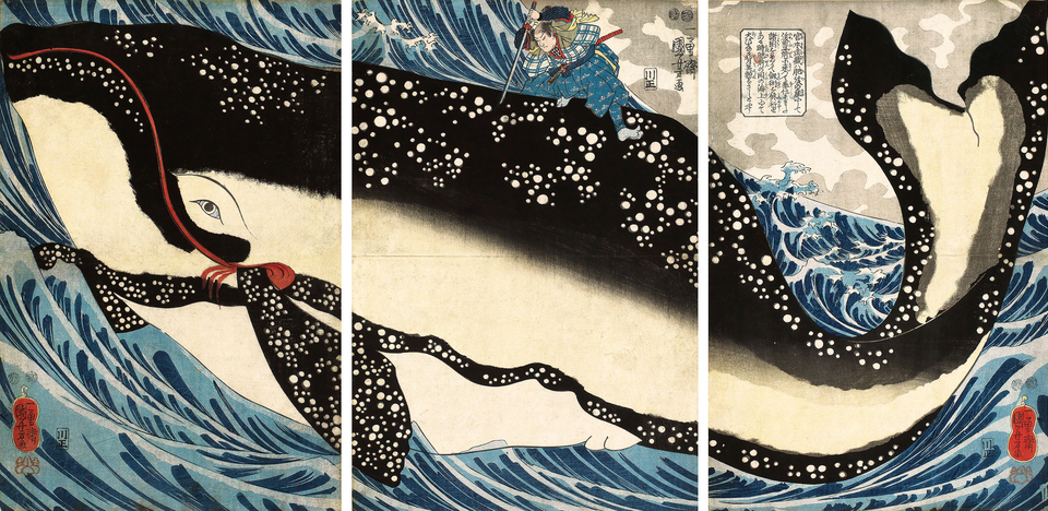1847 Utagawa Kuniyoshi ukiyo-e triptych depicting Miyamoto Musashi attacking a giant whale