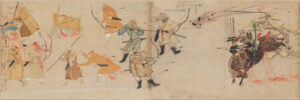 Scene from the Moko Shurai Ekotoba illustrated handscroll showing Mongol soldiers with bows and exploding tetsuho shells