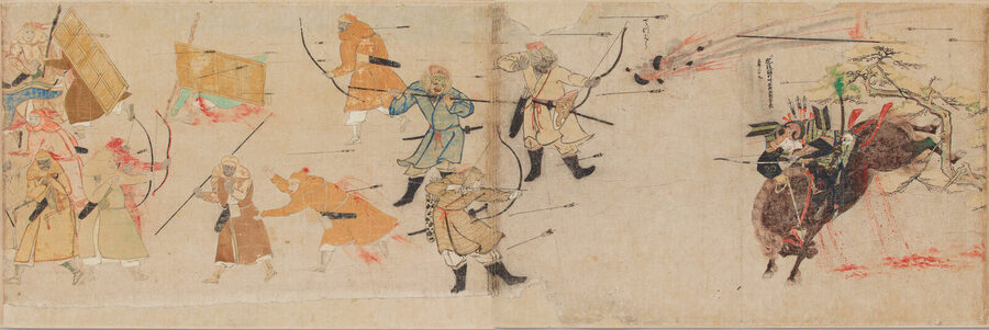 Scene from the Moko Shurai Ekotoba illustrated handscroll showing Mongol soldiers with bows and exploding tetsuho shells