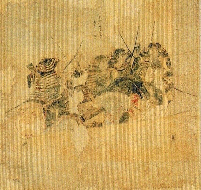 Mongol Korean invasion fleet ships approaching Kyushu shoreline in the Moko Shurai Ekotoba scroll