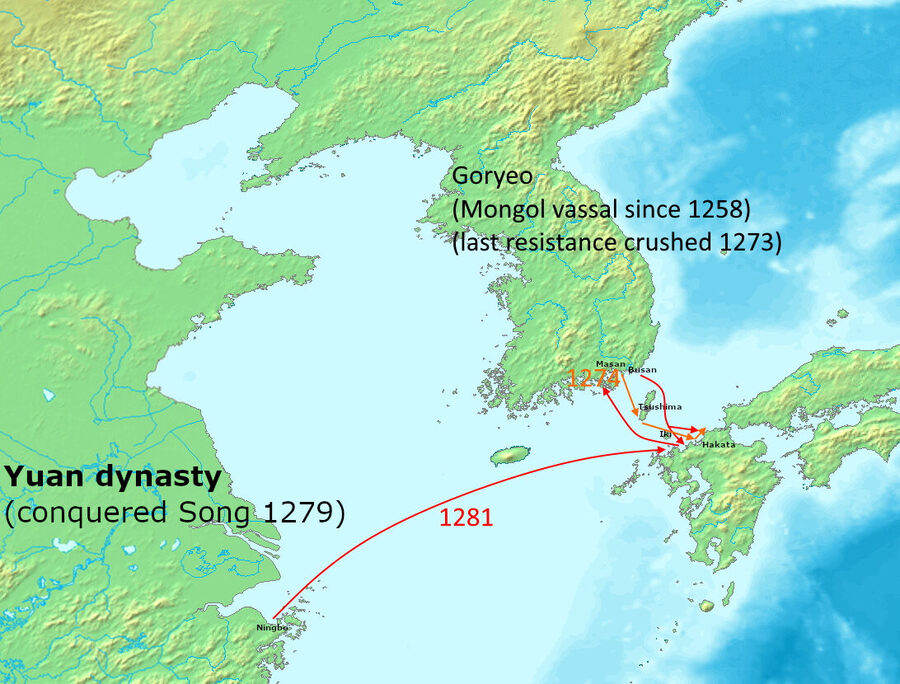 Map of the two Mongol invasions of Japan in 1274 and 1281 showing Korean fleets and landing sites in Kyushu