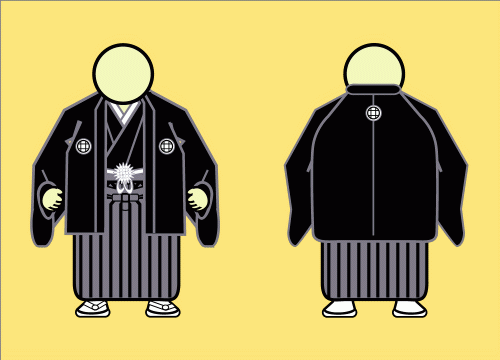 Illustration of the complete montsuki-haori-hakama outfit: black crested kimono with haori jacket worn over striped sendaihira hakama