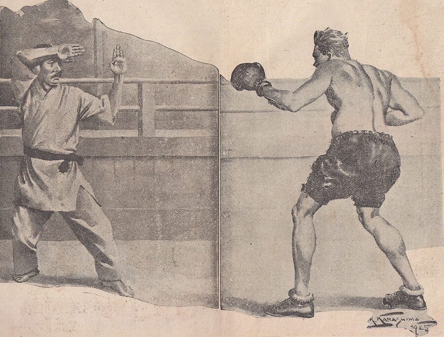 Motobu Choki defeating a Western boxer, illustrated in King magazine, 1925