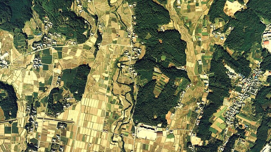 1983 aerial photograph by Japans Ministry of Land showing the Nagashino battlefield in Shinshiro City Aichi with the narrow valley between Nagashino Castle and Shitara-ga-hara