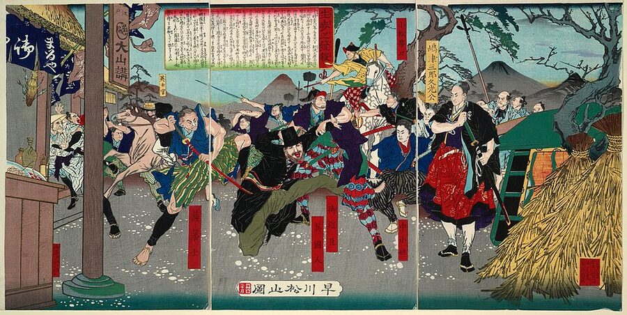 Meiji-era woodblock print by Hayakawa Shozan depicting the 1862 Namamugi Incident where four Englishmen on horseback were attacked by Satsuma retainers for obstructing Shimazu Hisamitsus sankin-kotai procession